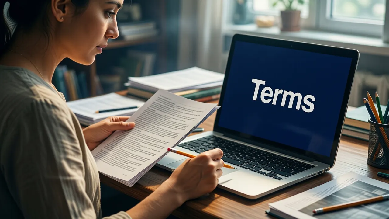 An Indian woman in her thirties seen in three-quarter view at a cluttered home desk in daylight, plain unprinted blouse, reading printed pages with a pencil in hand, a laptop beside her with its screen deep navy edge to edge showing the large white word "Terms"