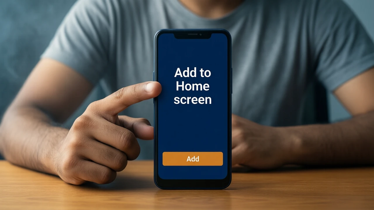 Close-up of a young Indian man's thumb pressing on an Android phone held upright over a wooden study table, plain unprinted grey t-shirt, the phone screen deep navy edge to edge showing the large white words "Add to Home screen" above one amber button with the word "Add", only one phone in the picture