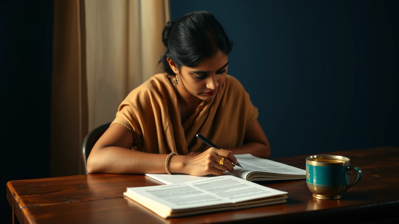 An Indian woman in her thirties seen in three-quarter view at a wooden desk in warm daylight, plain unprinted dupatta over her shoulder, leaning over an open paper notebook and writing in it with a pen, a short stack of printed pages with pencil marks beside it, a cup of tea at the edge