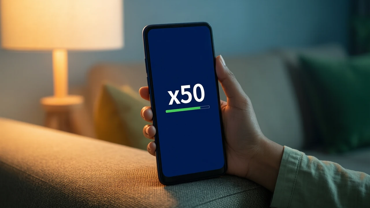 Close-up of an Indian woman's hand holding an Android phone upright on a sofa armrest in soft lamp light, plain unprinted cotton sleeve, the phone screen deep navy edge to edge showing the large number "x50" printed flat in white above a thin green bar one quarter filled, only one phone in the picture