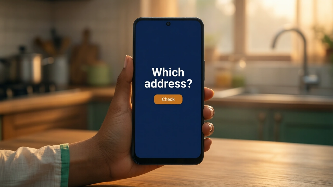 Close-up of a young Indian woman's hand holding an Android phone upright at a kitchen table in warm evening light, plain unprinted kurta sleeve, the phone screen deep navy edge to edge showing the large white words "Which address?" above one amber button with the word "Check", only one phone in the picture