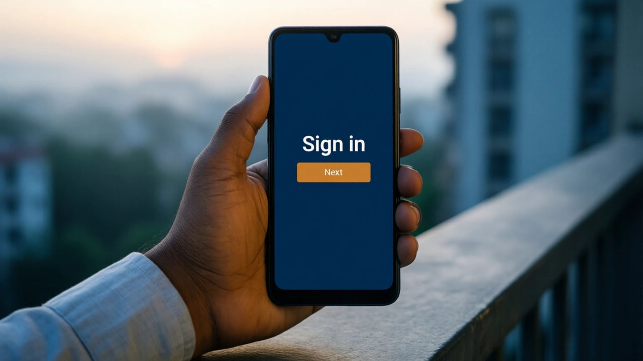 Close-up of an Indian man's hand holding an Android phone upright on a balcony at dusk, plain unprinted cotton shirt cuff, the phone screen deep navy edge to edge showing the large white word "Sign in" and below it one amber button with the word "Next", only one phone in the picture