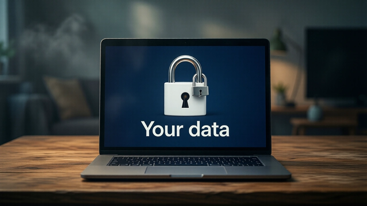A laptop standing alone on a plain wooden table in an empty dim room, nobody at the table, its screen deep navy edge to edge showing a large white closed padlock, shackle locked shut, and under it the large white words "Your data" with nothing after them