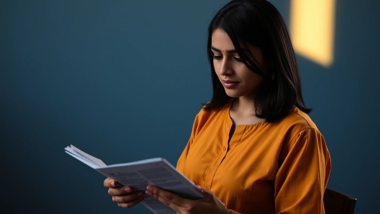 Portrait of an Indian woman in her early thirties with shoulder-length dark hair, plain unprinted mustard kurta, seen in three-quarter view in soft daylight, looking down at a sheaf of printed pages in her hands with a pencil tucked behind one ear, calm and focused, plain wall behind her.