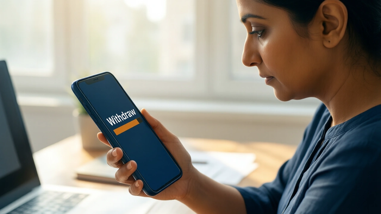 An Indian woman in her thirties seen in three-quarter view at a desk in a bright room in daylight, plain unprinted blouse, looking down at a smartphone held at chest height, its screen angled slightly toward us, deep navy edge to edge with the large white word "Withdraw" above a thin amber bar half filled