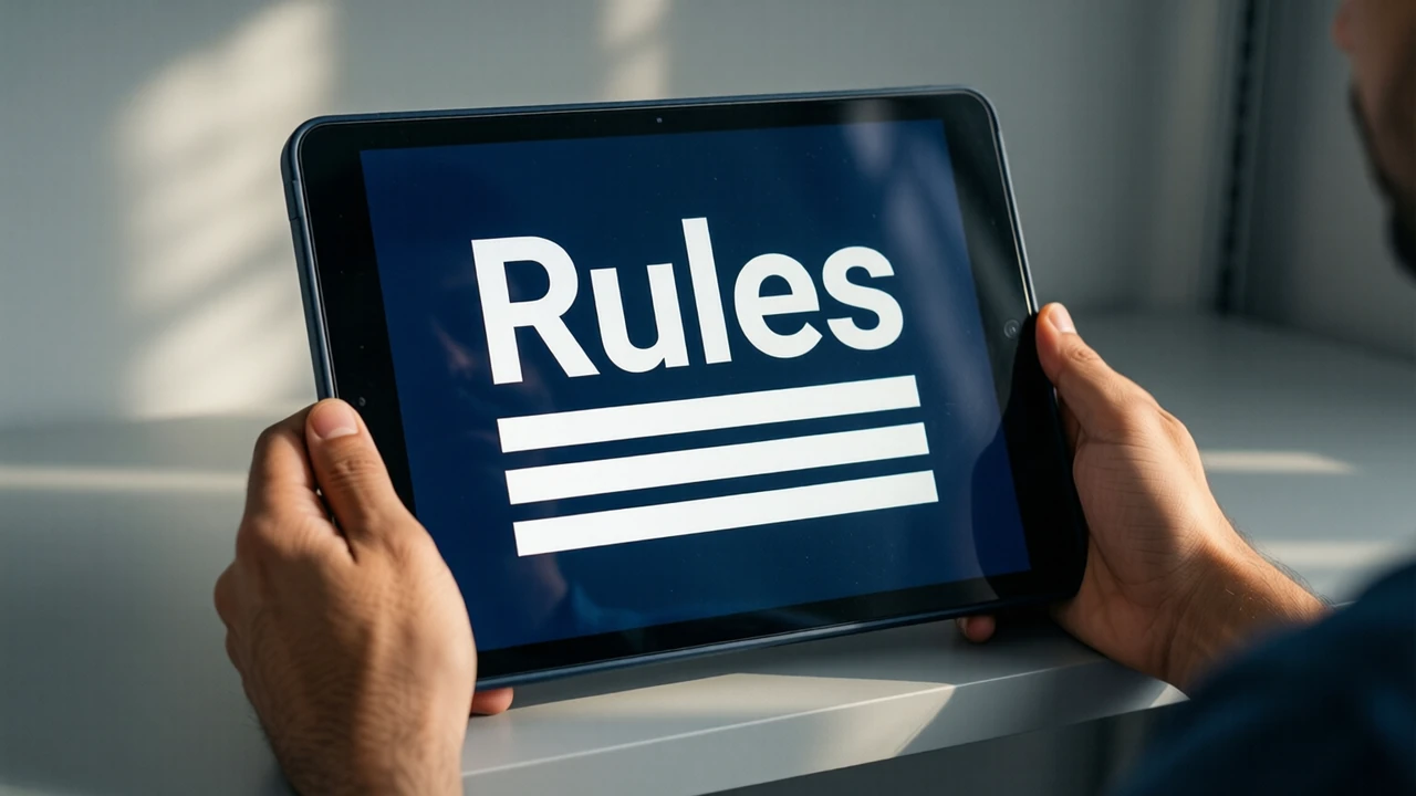 A tablet standing upright on a plain light grey shelf in daylight, its screen deep navy edge to edge showing the large white word "Rules" at the top and three short thick white lines below it